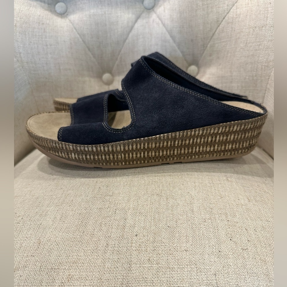 Fitflop Lolla Double Strap Navy Blue Suede Wedge Sandals Shoes Size 11 138-097 - Picture 2 of 5